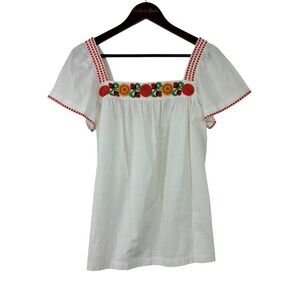 Ann Mashburn Women Size S Blouse Shirt Top Short Sleeve Embroidery Boho Tunic U2
